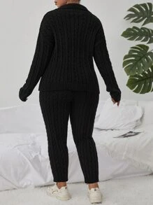 Flirla Plus Cable Knit Drop Shoulder Jumper & Knit Trousers - Black - View 2