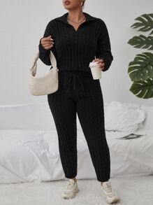 Flirla Plus Cable Knit Drop Shoulder Jumper & Knit Trousers - Black - View 3