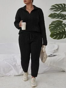 Flirla Plus Cable Knit Drop Shoulder Jumper & Knit Trousers - Black - View 4