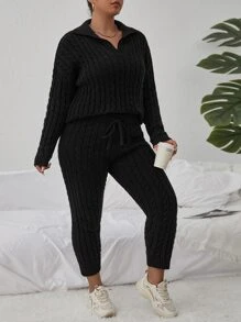 Flirla Plus Cable Knit Drop Shoulder Jumper & Knit Trousers - Black - View 5