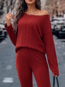 SHEIN LUNE 素色落肩T恤和緊身打底褲 - 酒紅色 - 查看 4