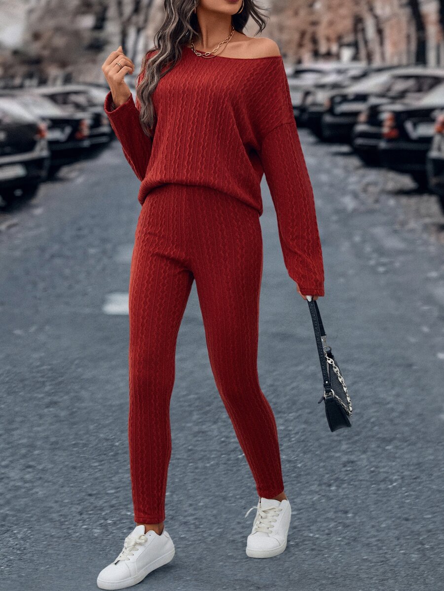 SHEIN LUNE 素色落肩T恤和緊身打底褲 - 酒紅色 - 查看 1