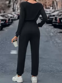 SHEIN LUNE Mono unicolor de cintura con cordón con bolsillo oblicuo - Negro - Ver 2