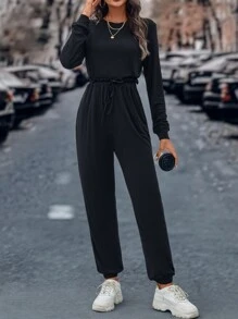 SHEIN LUNE Mono unicolor de cintura con cordón con bolsillo oblicuo - Negro - Ver 1