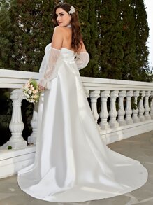 Plus Contrast Mesh Off Shoulder Flounce Sleeve Lace Insert Satin Wedding Dress - White - View 2