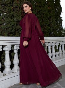Plus Lantern Sleeve Split Thigh Chiffon Bridesmaid Dress - Maroon - View 2