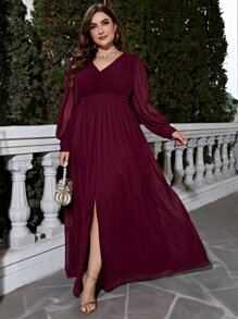 Plus Lantern Sleeve Split Thigh Chiffon Bridesmaid Dress - Maroon - View 3