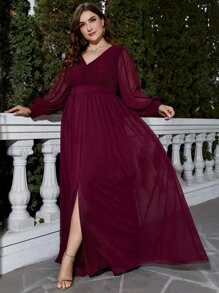 Plus Lantern Sleeve Split Thigh Chiffon Bridesmaid Dress - Maroon - View 5