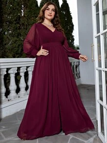 Plus Lantern Sleeve Split Thigh Chiffon Bridesmaid Dress - Maroon - View 6