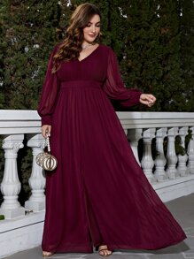 Plus Lantern Sleeve Split Thigh Chiffon Bridesmaid Dress - Maroon - View 7
