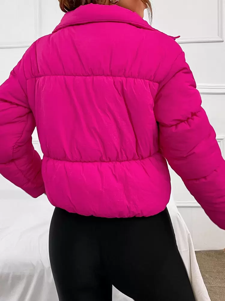SHEIN EZwear Casaco Acolchoado com Zíper Sólido Dopamina Rosa, Casaco Casual Feminino de Final de Outono, com Zíper Regular, Manga Regular, Gola Elevada, Corte Regular, Rosa Intenso Simples, Casacos Femininos de Inverno - Pink - Visão 2