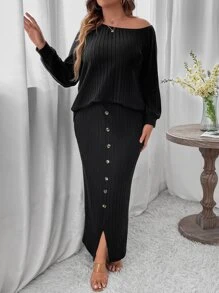 Calvaya de cuello asimétrico Camiseta & con botón delantero Falda bajo con abertura - Negro - Ver 1