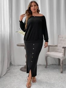 Calvaya de cuello asimétrico Camiseta & con botón delantero Falda bajo con abertura - Negro - Ver 6