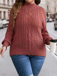 SHEIN LUNE Plus Cable Knit Raglan Sleeve Jumper - Redwood - View 3