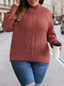 SHEIN LUNE Plus Cable Knit Raglan Sleeve Jumper - Redwood - View 5