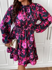 SHEIN Clasi Vestido con estampado floral de cuello alto de manga farol bajo con fruncido - Multicolor - Ver 1