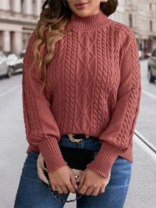 SHEIN LUNE Plus Cable Knit Raglan Sleeve Jumper - Redwood - View 6