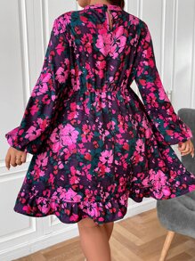 SHEIN Clasi Vestido con estampado floral de cuello alto de manga farol bajo con fruncido - Multicolor - Ver 2