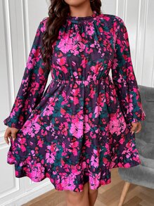 SHEIN Clasi Vestido con estampado floral de cuello alto de manga farol bajo con fruncido - Multicolor - Ver 5