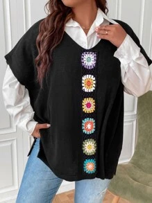 SHEIN LUNE Plus Batwing Sleeve Split Hem Knit Top Without Blouse - Black - View 1