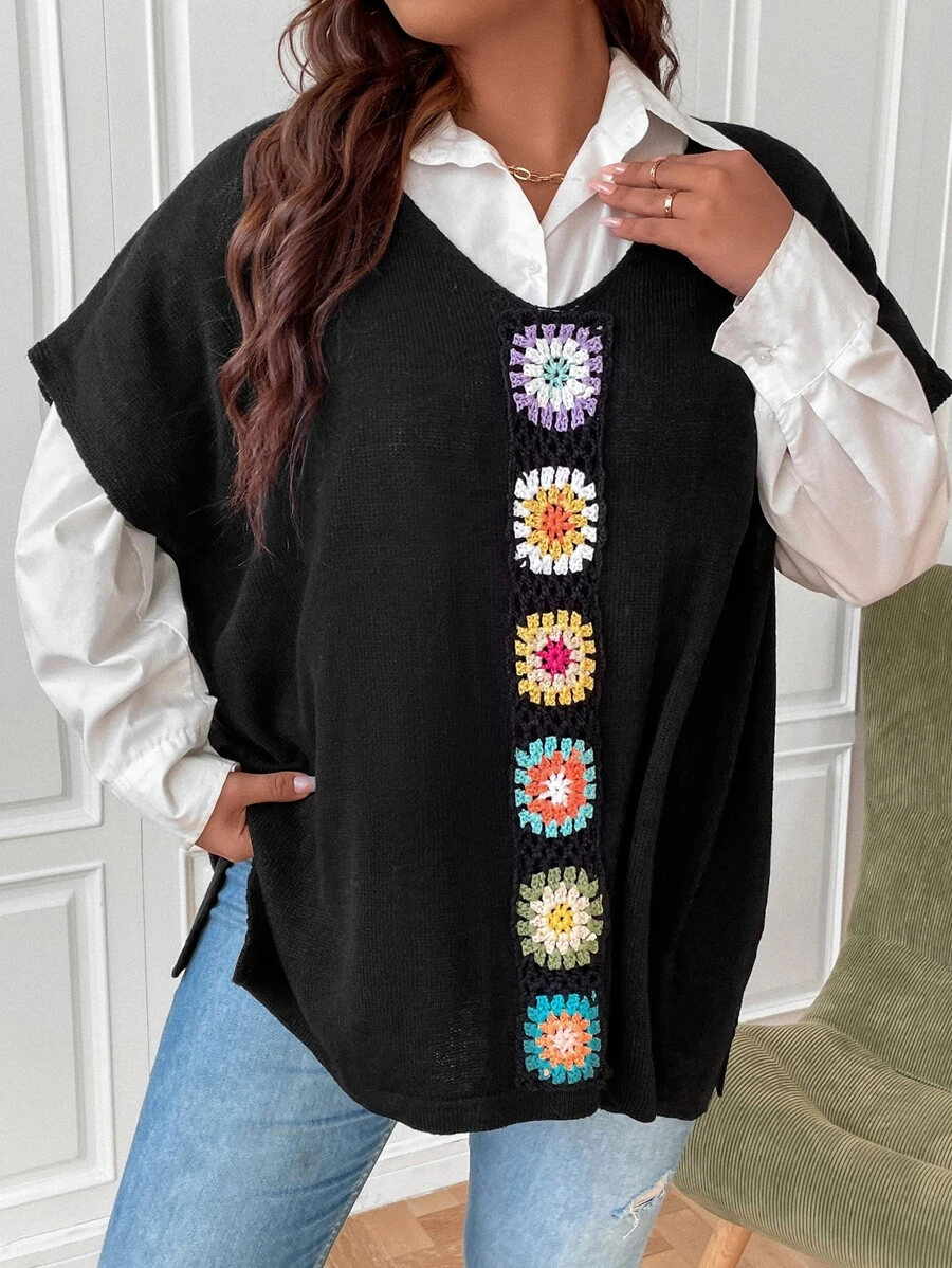 SHEIN LUNE Plus Batwing Sleeve Split Hem Knit Top Without Blouse - Black - View 1