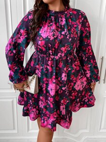 SHEIN Clasi Vestido con estampado floral de cuello alto de manga farol bajo con fruncido - Multicolor - Ver 7