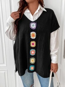 SHEIN LUNE Plus Batwing Sleeve Split Hem Knit Top Without Blouse - Black - View 3