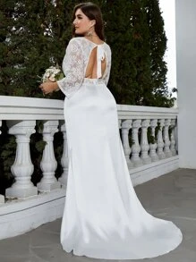 Plus Contrast Lace Tie Backless Floor Length Wedding Dress - White - View 1