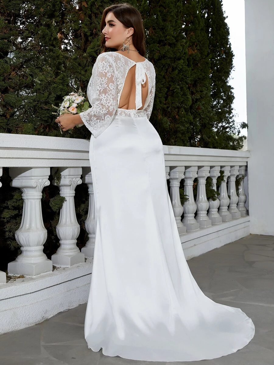 Plus Contrast Lace Tie Backless Floor Length Wedding Dress - White - View 1