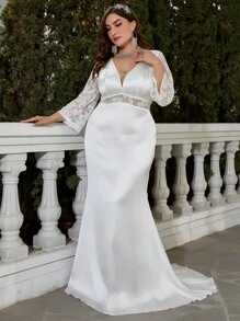 Plus Contrast Lace Tie Backless Floor Length Wedding Dress - White - View 4