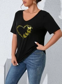 SHEIN LUNE Plus Heart & Butterfly Print Tee - Black - View 1