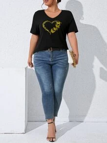 SHEIN LUNE Plus Heart & Butterfly Print Tee - Black - View 4