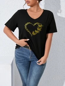 SHEIN LUNE Plus Heart & Butterfly Print Tee - Black - View 5