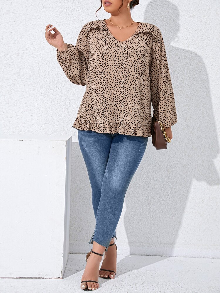 SHEIN LUNE Blusa con estampado de lunares de manga farol bajo con fruncido - Albaricoque - Añade 4