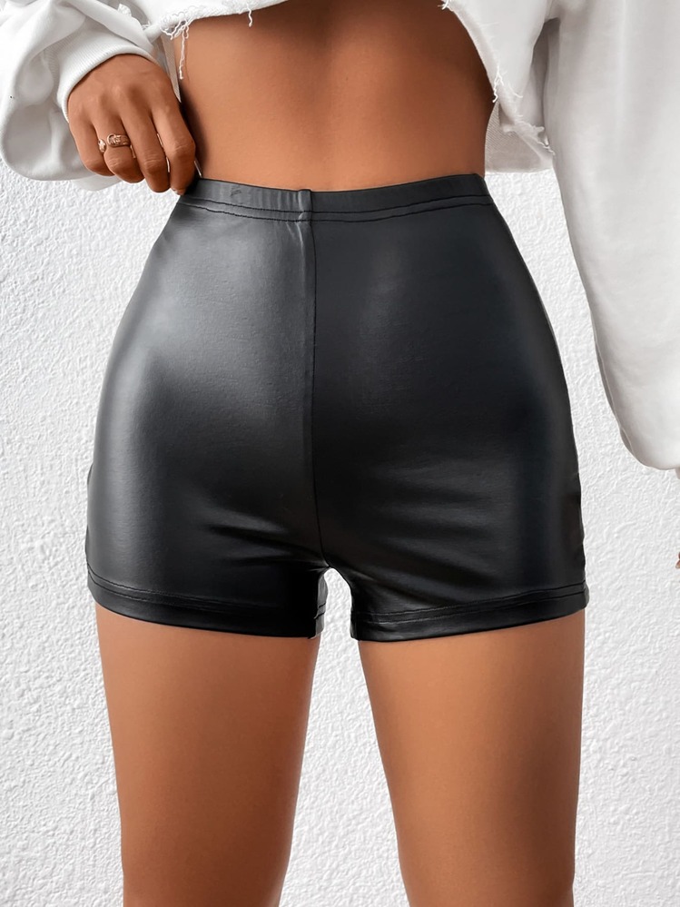 SHEIN BAE Cut Out Side PU Leather Shorts - Black - View 3