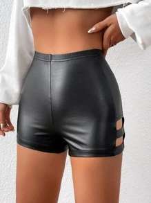SHEIN BAE Cut Out Side PU Leather Shorts - Black - View 4