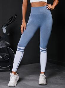 Yoga Trendy Colorblock Wide Waistband Sports Leggings - Blue and White - View 3