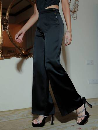 D&M 高腰紐扣細節緞面長褲