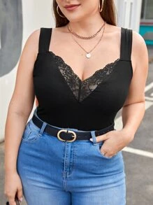 SHEIN Frenchy Áo hai dây Plus Size Tương phản ren Gân đan màu trơn Thanh lịch - màu đen - Xem 6