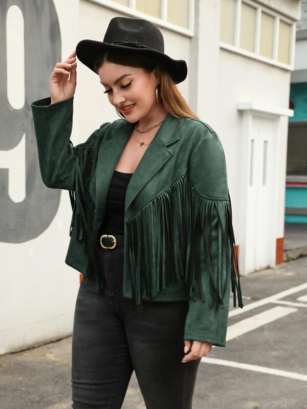 SHEIN LUNE Plus Fringe Trim Lapel Neck Suedette Jacket SHEIN USA