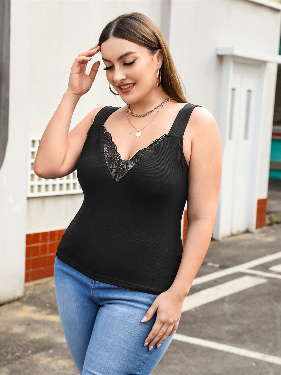 SHEIN Frenchy Áo hai dây Plus Size Tương phản ren Gân đan màu trơn Thanh lịch - màu đen - Xem 1