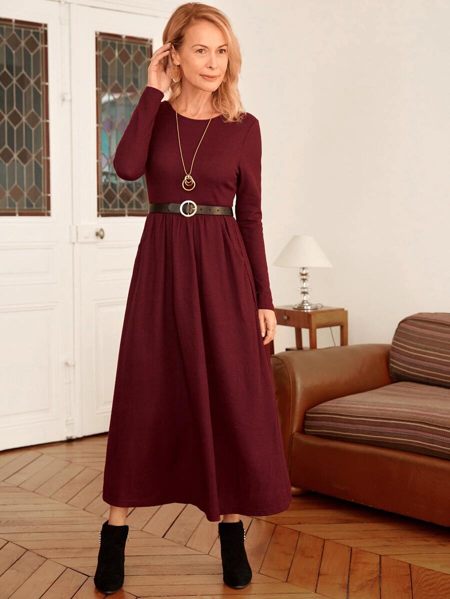 EMERY ROSE Solid A-line Dress Without Belt - Burgundy - View 1