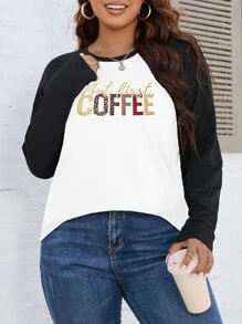 Camiseta de leopardo & con estampado de letra de manga raglán