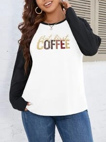 Camiseta de leopardo & con estampado de letra de manga raglán