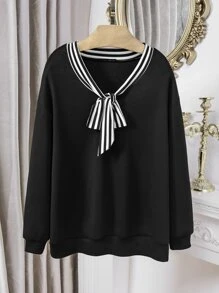 SHEIN Clasi Plus Striped Tie Neck Drop Shoulder Sweatshirt - Black - View 1
