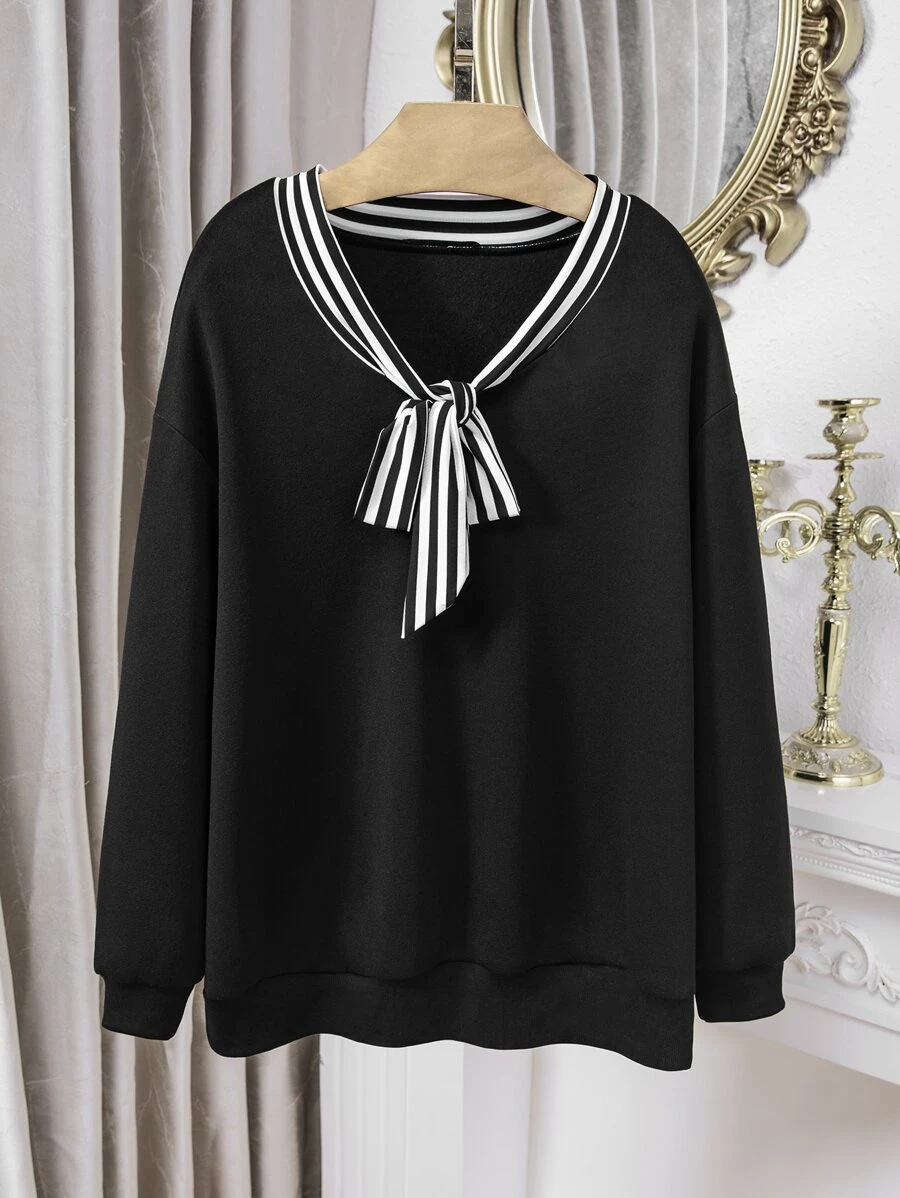 SHEIN Clasi Plus Striped Tie Neck Drop Shoulder Sweatshirt - Black - View 1