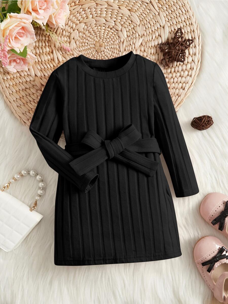SHEIN Bebé Vestido con cinturón tejido de canalé - Negro - Ver 1