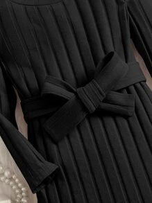 SHEIN Bebé Vestido con cinturón tejido de canalé - Negro - Ver 3