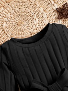 SHEIN Bebé Vestido con cinturón tejido de canalé - Negro - Ver 4