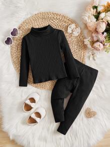 SHEIN Baby Girl Turtleneck Ribbed Knit Tee & Leggings - Black - View 1